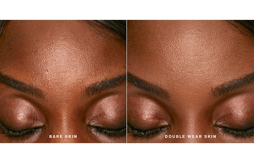 before and after photo of woman after applying double wear stay in place foundation to balance oil and hydration in skin